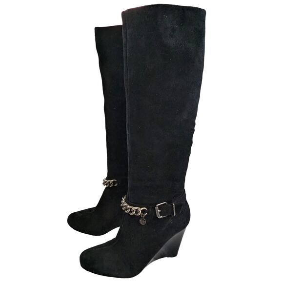 BCBGENERATION! MERRY BLACK SUEDE LEATHER WEDGE HEELS CHAINED BOOTS! SZ 7.5B - Picture 1 of 11